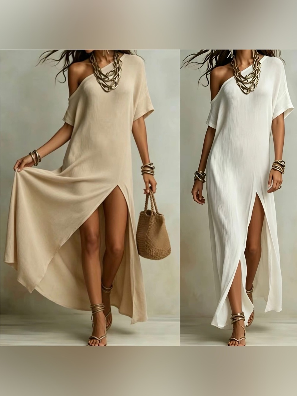 Off-Shoulder Maxi Dress with Front Slit - Beige and White